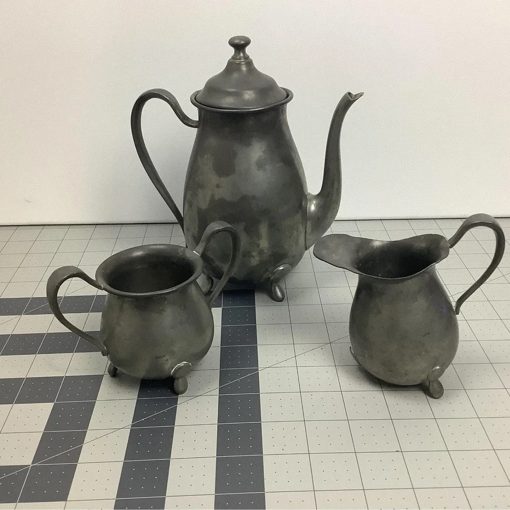 Vintage Pewter Tea Set Footed Teapot Creamer Sugar Bowl Colonial Style 3 Piece